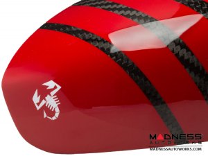 FIAT 500 Mirror Covers - Carbon Fiber - Red Racing Stripe w/ White Scorpion V2